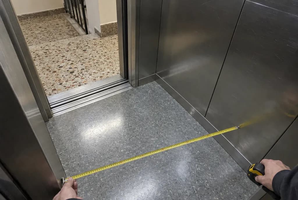 Manos midiendo con un flexómetro amarillo el suelo de la cabina de un ascensor pequeño de acero, con la puerta abierta a un rellano de terrazo