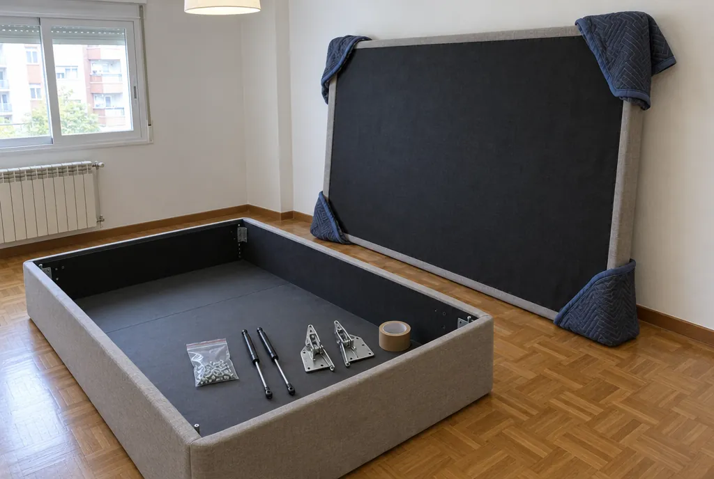 Canapé abatible desmontado en un dormitorio vacío: la tapa apoyada de canto en la pared con mantas en las esquinas y, dentro del cajón, los dos amortiguadores, las bisagras, una bolsa de tornillos y cinta de embalar